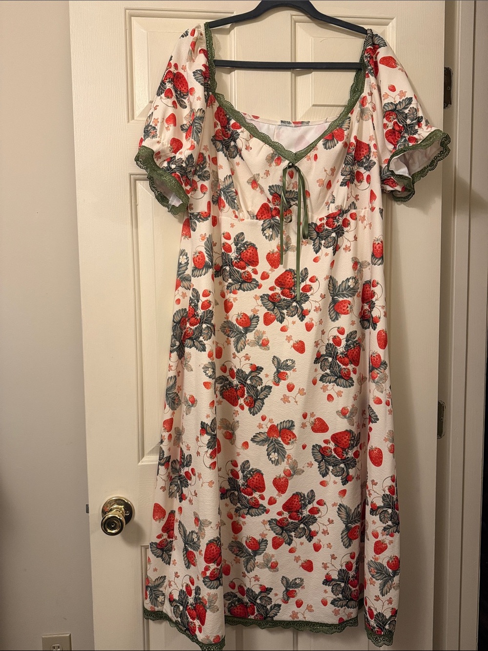 Cider Cream Midi Dress with Red Strawberry Print and Green Trim
